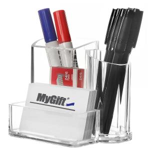 Clear Acrylic 3-Compartment Modern Desktop Office Supplies &amp; Business Card Holder
